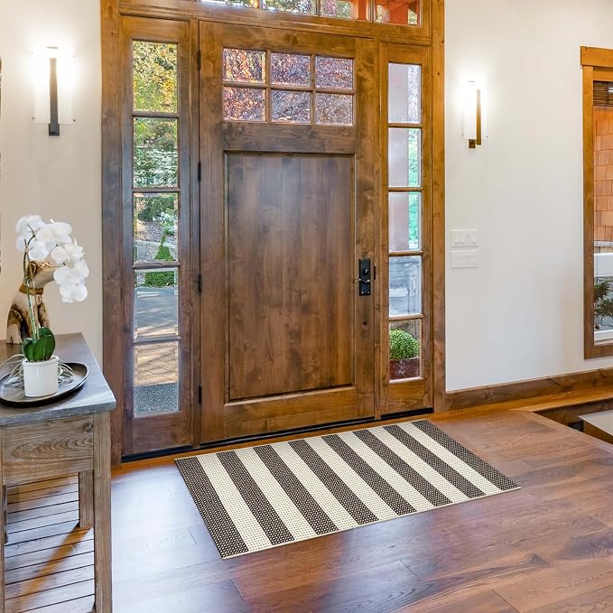 LEEVAN Outdoor Porch Rug 24"x51", Washable Front Door Mat, Spring Plaid Welcome Mat Outside Entrance, Black and White Striped Outdoor Entryway Rug, Farmhouse Buffalo Porch Layered Doormats Entry