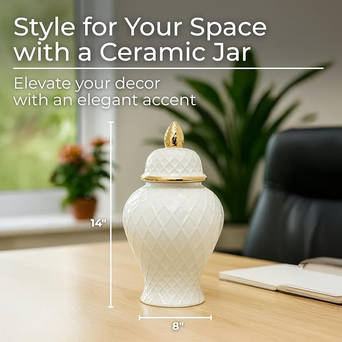 Decorative Ceramic Vase with Lid for Living Room and Home Decor - Elegant Flower Vase Accent for Room, Bedroom, or Office Display - Sculpted Table Accent for House Decoration - 15", White & Gold