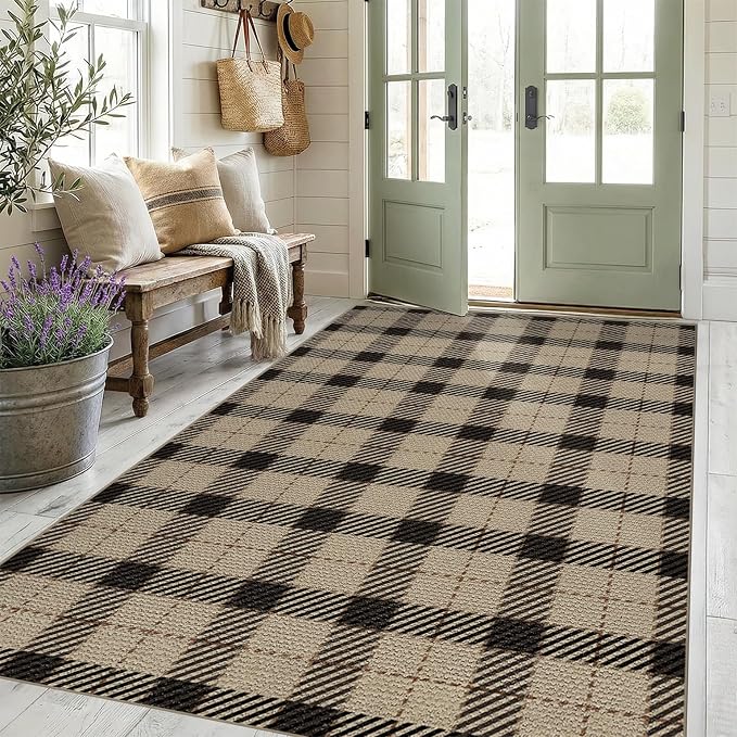 Easy Jute Area Rug 5x7, Washable Indoor Outdoor Plaid Rug for Living Room, Patio, Entryway, Bedroom, Farmhouse Non Slip Black & Tan Rug