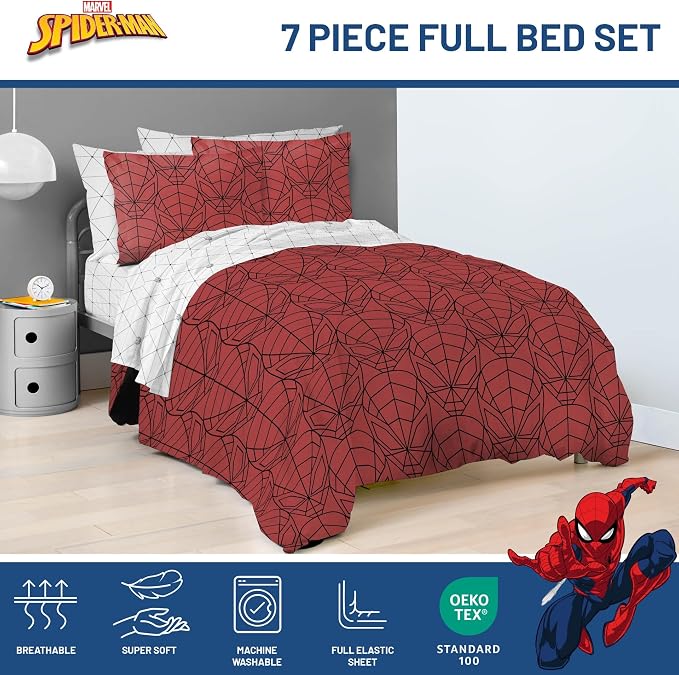 Marvel Spiderman Full Comforter Set 7 Piece Bedding for Boys, Red | Bed in a Bag, Comforter Sheets Shams Pillowcases, Official Product, Soft Microfiber, Machine Washable, Boys Gift