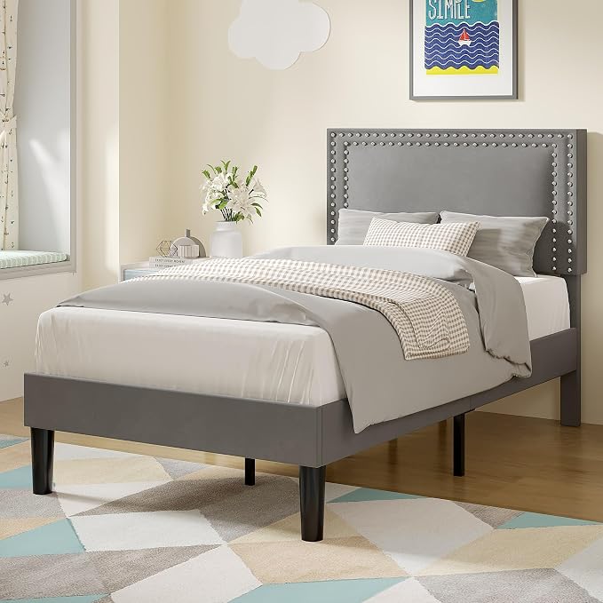 VECELO Twin Size Platform Bed Frame with Height Adjustable Upholstered Headboard, Modern Mattress Foundation,Strong Wood Slat Support, No Box Spring Needed, Easy Assembly, Dark Grey