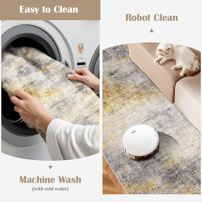 2'6''x8' Washable Kitchen Runner Rug: Modern Abstract Runners for Hallway Soft Non Slip Rugs with Rubber Backing Low Pile Thin Floor Carpet for Entryway Bedroom Bathroom Indoor(Grey/Yellow,2'6''x8')