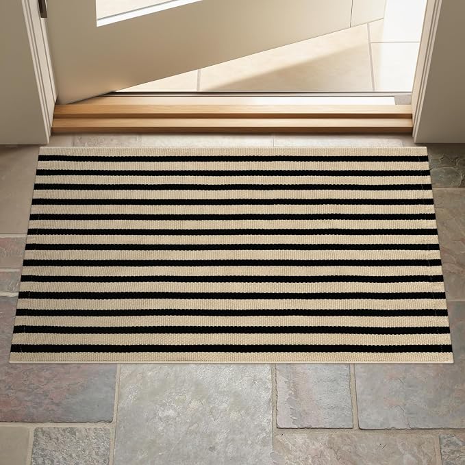 LEEVAN Outdoor Door Mat 2'x3' Washable Welcome Mat Woven Black and White Entryway Rug Farmhouse Front Porch Decor Outside Entrance Striped Outdoor Floor Mats