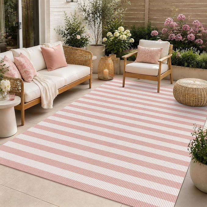 Rugalia Washable Pink Woven 5x7 Area Rug, Natural Striped Cotton Living Room Rugs Low Plie Non-Slip Outdoor Patio Rug, Modern Farmhouse Neutral Floor Carpet for Dining Room Bedroom Balcony