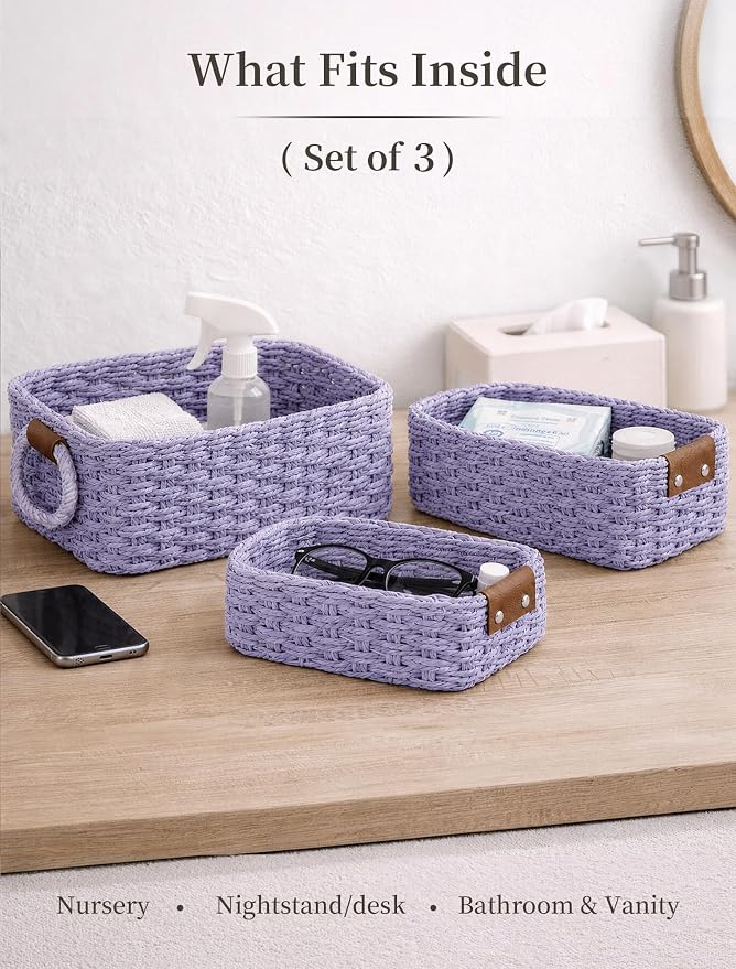 Small Wicker Baskets, 3 PCS Paper Rope Baskets for Shelves, Purple | Recycled Small Baskets, 3 Sizes Woven Baskets for Organizing, Decorative Storage Baskets for Bedroom and Bathroom