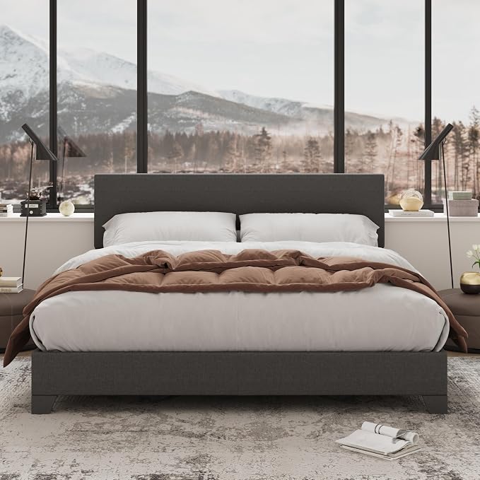 Allewie Full Size Upholstered Bed Frame Adjustable Headboard, Dark Grey | Platform Bed with Heavy Duty Mattress Foundation, Noise-Free, Easy Assembly, Wood Slat Support, No Box Spring Needed
