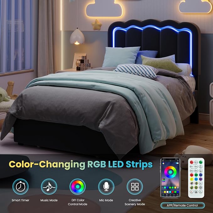 SHA CERLIN Twin Size Bed Frame with LED Lights and Storage Drawer, Black | Upholstered Velvet Platform Bed with Adjuatable Wavy Headboard, Noise-Free, Easy Assembly,No Box Spring Needed