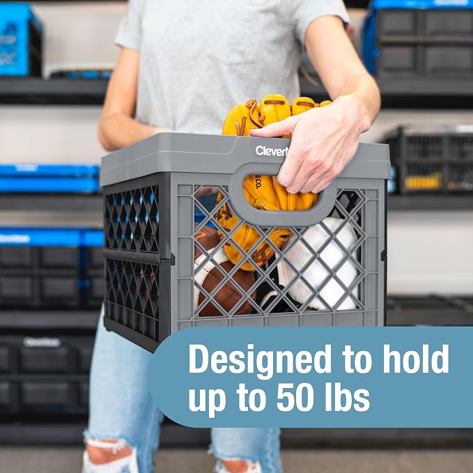 CleverMade Collapsible Milk Crate, 25L, 3 Pack, Obsidian | Built-in rails hold letter-size hanging files. Interlocking crates stack open or folded and carry up to 50 lb each.