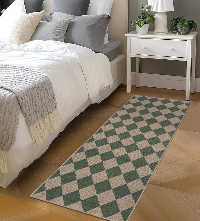 Rugalia Easy Jute Checkered Runner Rug, 2x6 Green Modern Washable Rugs Runner for Hallway Non-Slip Long Kitchen Rug, Geometric Diamond Indoor Outdoor Carpet for Porch Laundry Entryway