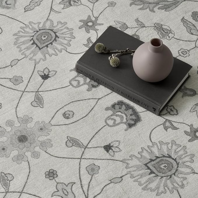 EVERGRACE Hallyway Area Runner Rugs 2x8, Boho Floral Faux Wool Indoor Outdoor Rugs, Washable Rugs for Bedroom Dining Room Living Room Kitchen, Low Pile Floor Mat Carpet for Home Decor, Cool Gray