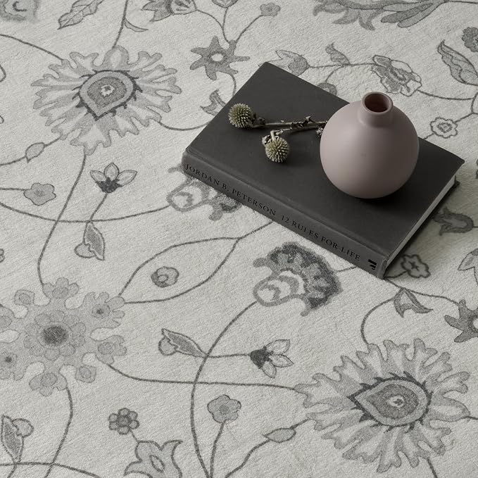 EVERGRACE Area Rugs for Living Room 8x10, Boho Floral Faux Wool Indoor Outdoor Rugs, Washable Rugs for Bedroom Dining Room Entryway Kitchen, Low Pile Floor Mat Carpet for Home Decor, Cool Gray