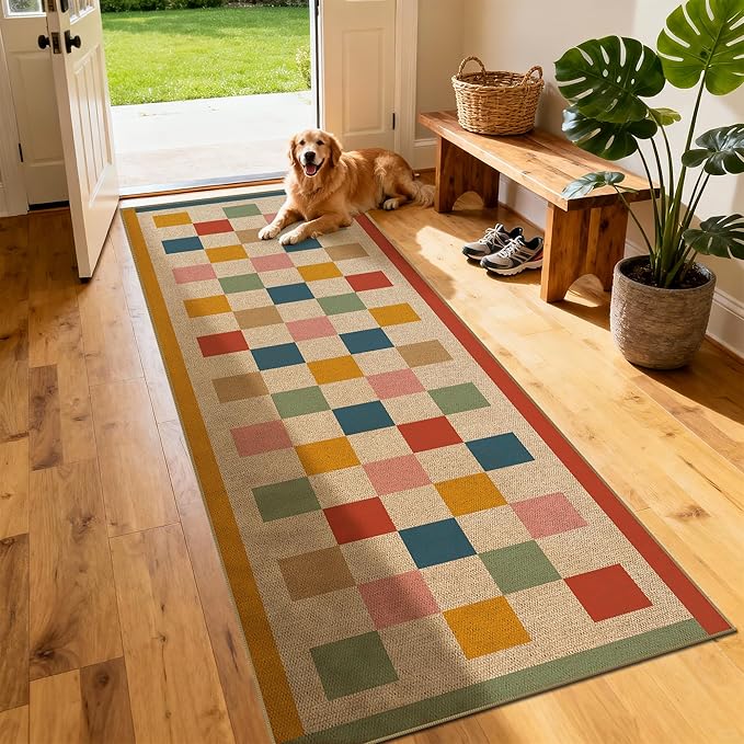 Washable Checkered Easy Jute Runner Rug, 2x8 Colorful Checkerboard Boho Geometric Outdoor Indoor Patio Rugs, Low Pile Lightweight Non Slip Neutral Long Carpet for Hallway Kitchen 8ft Entryway Porch