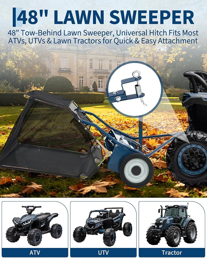Garvee Tow Behind Lawn Sweeper 48 Inch, 16 cu.ft. Heavy Duty Leaf & Grass Collector with Tool-Free Adjustable Brush Height, Dumping Rope for Yard, Driveway & Sidewalk Debris Cleanup