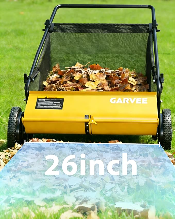 Garvee Push Lawn Sweeper,26-Inch Width Enhanced 4-Brush System with Large 7 cu. ft. Hopper Bag, Ideal for Yard and Garden Cleanup, Yellow | Brush Height Adjustment, All-Terrain Suitable, 7 cu.ft Hopper Bag, Durable Steel Frame, Easy Setup, Compact & Sp...