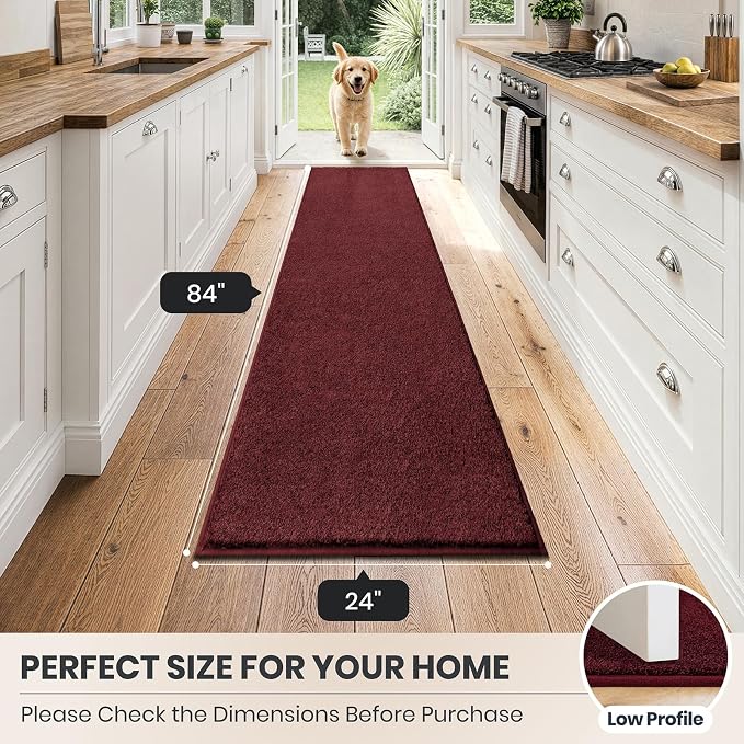 PURRUGS Dirt Trapping Door Mat 24" x 84", Non-Slip Machine Washable Entryway Rug, Dog Doormat, Indoor Front Door Mat, Super Absorbent Entry Rug for Muddy Shoes & Paws, Burgundy Red