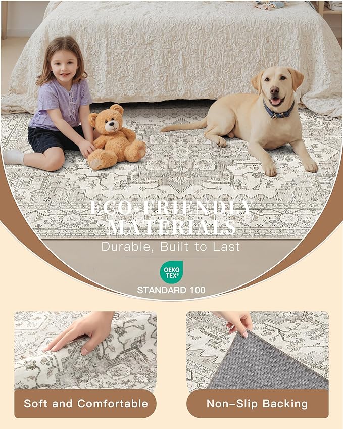 Madane 6x9 Area Rugs for Living Room, Stain Resistant Washable Rugs, Non-Slip Backing Area Rug, Vintage Home Decor Rug for Bedroom (Beige/Brown, 6'x9')