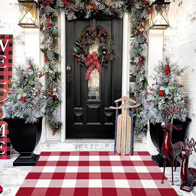 USTIDE Buffalo Plaid Rug Red & White Check Indoor/Outdoor Floor Mat 27.5"x43.3" Christmas Layering Doormat for Hello/Welcome Hand Woven Cotton Area Rug for Front Door Porch Kitchen
