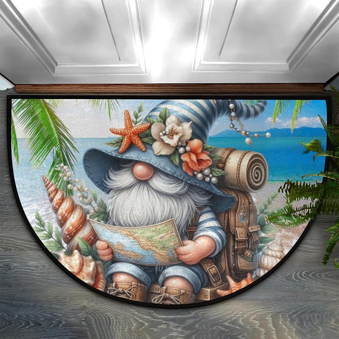 Half Round Door Mat Palm Trees Gnome Non Slip Half Moon Rug Indoor Entrance Washable Half Circle Area Rugs Semi Circle Bathroom Rugs Floor Carpet for Kithen Bedroom Fireplace Decor