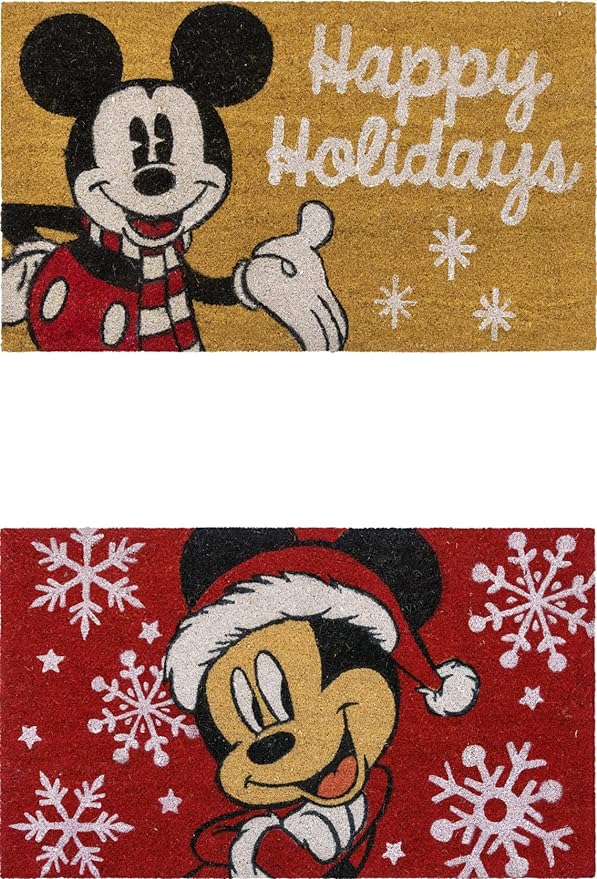 Gertmenian Disney Mickey Mouse Coir Doormat - 2x3 Welcome Mat (2-Pack), Ideal for High Traffic Areas in Front Door, Garage, Entryway - Mickey Happy Holidays/Snowflake, 46646