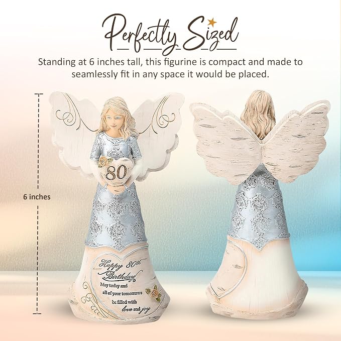 Pavilion 'Happy 80th Birthday' 82475 Elements Angels - Polyresin Birthday Angel Figurine - Silver Hand-Painted Remembrance and Keepsake Gift Angel for Grandmothers, Mothers, Aunts, Friends, Women