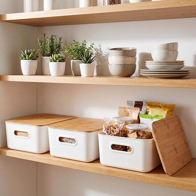 Citylife Storage Bins with Bamboo Lids 16QT Plastic Storage Containers Stackable Organizer Boxes with Handle for Desk Snacks, Toys, 2 PCS, 15" L x 10.6" W x5.8 H