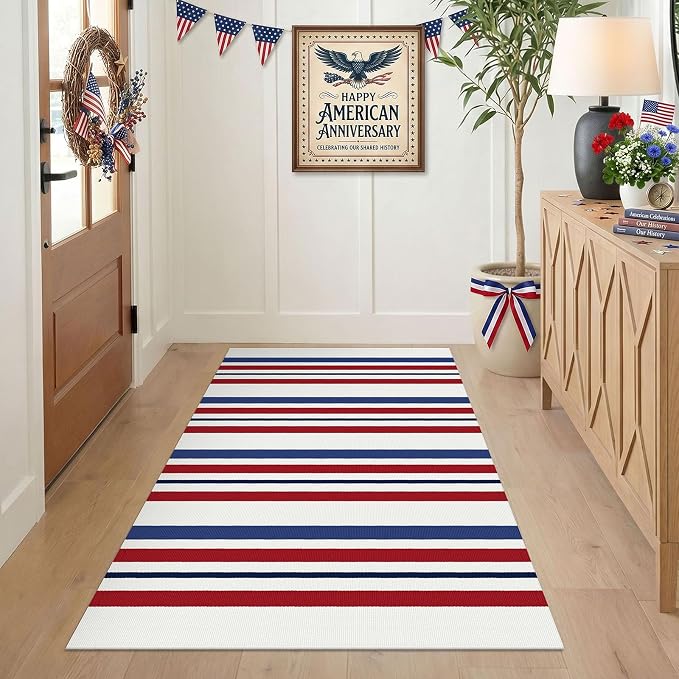 KILOCOCO 250th Anniversary Patriotic Striped Rug 3x5 ft, Red Blue White | Washable Front Door Rug, Woven Welcome Mat for Front Porch, Outdoor Rug for Memorial Day, Indoor Independence Day Decor