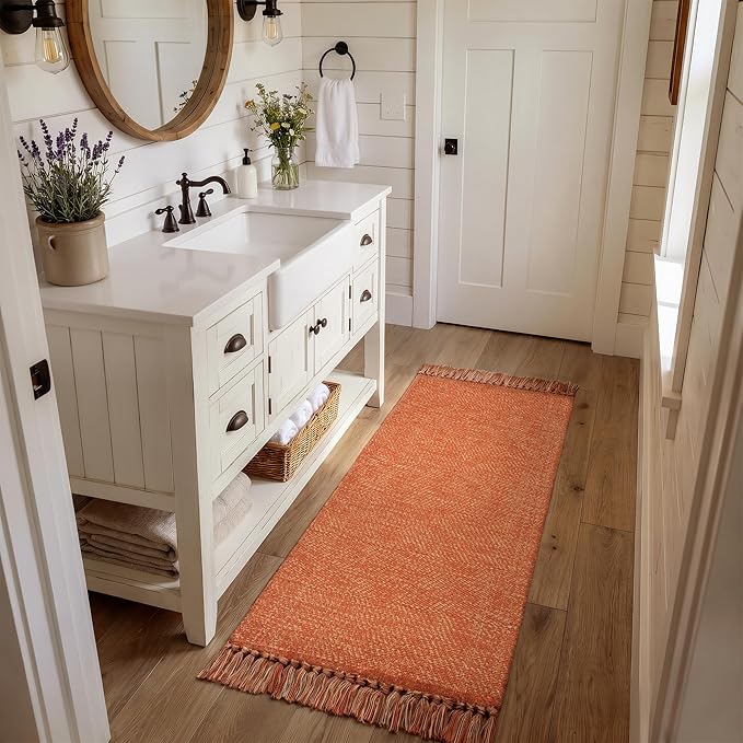 Collive Bathroom Rug 2' x 5', Modern Farmhouse Kitchen Runner Rug Hand-Woven Entryway Rugs Runners for Hallway, Washable Laundry Carpet Indoor Front Door Mat for Bedroom Terracotta Fall Decor