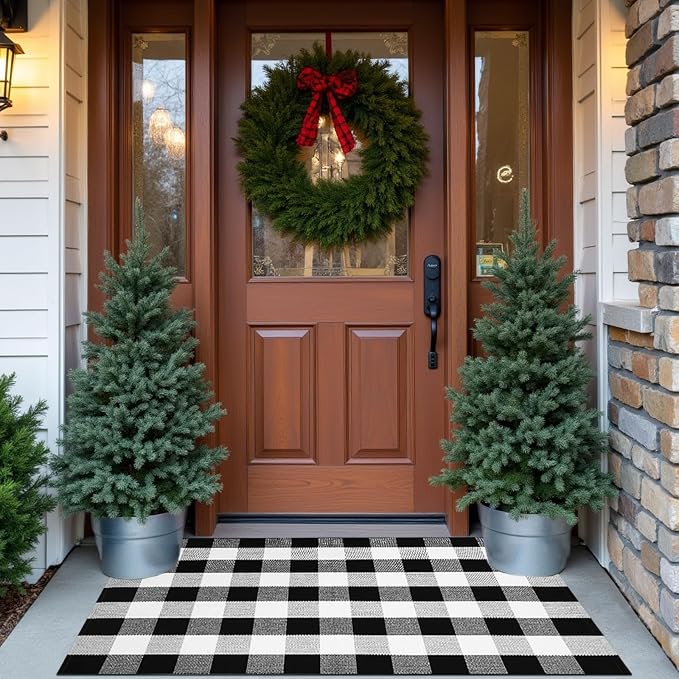 Buffalo Plaid Area Rug, Checkered Rug 3x5 Ft, Black and White Rug, Washable Cotton Mat for Front Porch, Entryway, Kitchen, Living Room, Home Decor