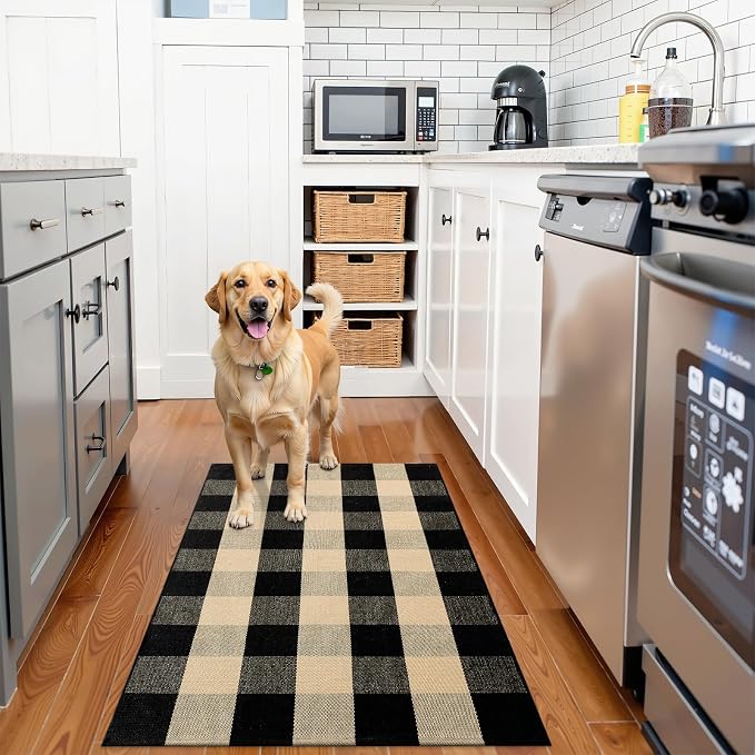 OLANLY Buffalo Plaid Rug 2' x 4'3" | Brown and Black Cotton Checkered Doormat, Washable Indoor Outdoor Rug for Layered Front Porch, Kitchen, Entryway Decor