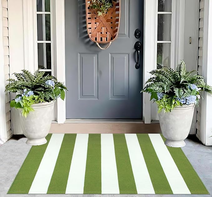 Green and White Layered Doormat 2.3'x3.6,Machine Washable Porch Rug Cotton Woven Striped Farmhouse Small Area Rug for Porch/Home Entrace Decor/Bedroom/Layered Door Mats