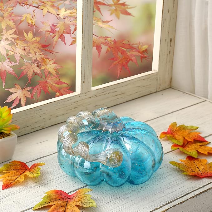 Glitzhome Hand Blown Glass Pumpkin Decor 5" Blue - Artisan Fall Table Centerpiece for Thanksgiving Harvest Home Decor Halloween Displays