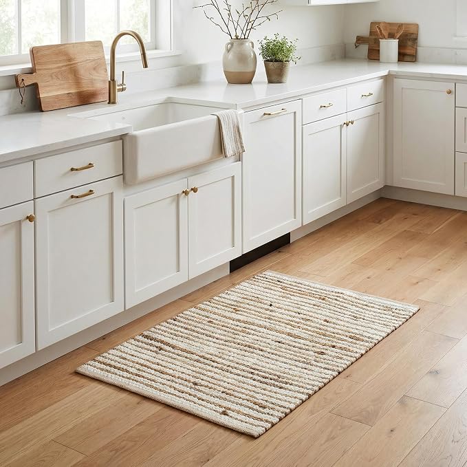 THE BEER VALLEY Jute Cotton Stripe Kitchen Rug 2x3 Feet - Natural White | Small Neutral Area Door mat for Entryway, Easy Clean Outdoor Indoor Boho Entry Rugs