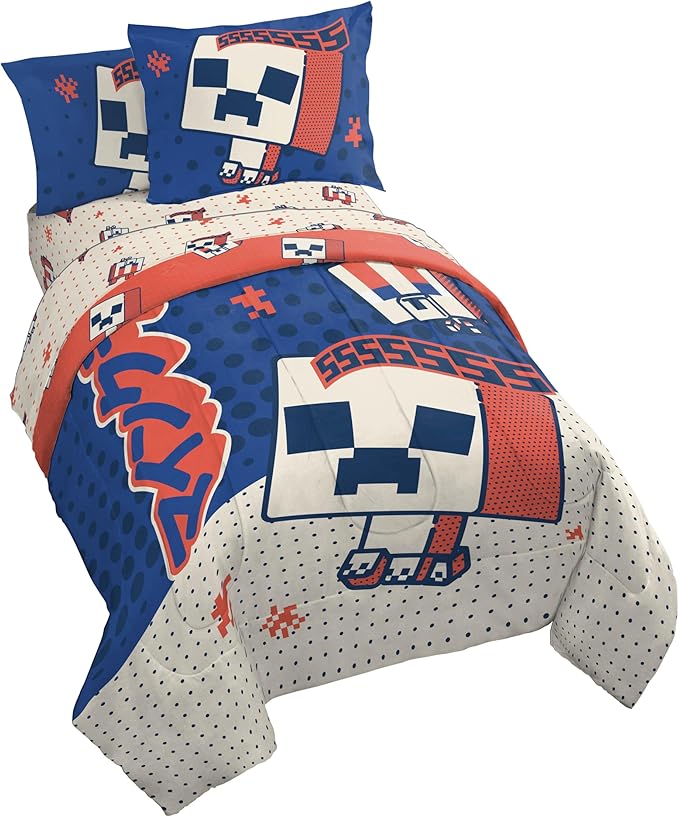 Minecraft Creeper Twin Comforter Set 5 Piece Soft Kids Bedding, Blue | Oishi Market, Bed in a Bag, Comforter Sheets Sham Pillowcase, Official Product, Soft Microfiber, Machine Washable, Kids Gift