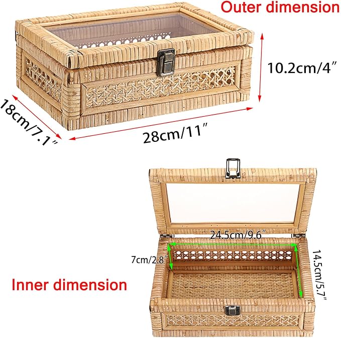 Hipiwe Rattan Display Box with Clear Lid Rectangular Wicker Storage Basket | Handwoven Natural Rattan Decorative Box with Metal Secure Latch, Small Shelf Organizer Basket Bin for Snacks Remotes