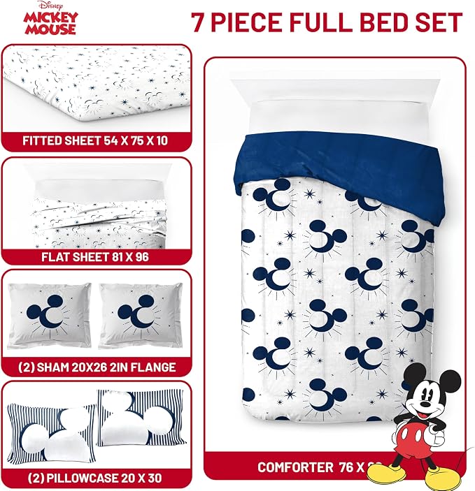 Disney Mickey Mouse Full Size Comforter Set 7 Piece Bedding, White | Bed in a Bag, Comforter Sheets Shams Pillowcases, Official Product, Soft Microfiber, Machine Washable, Easy Care