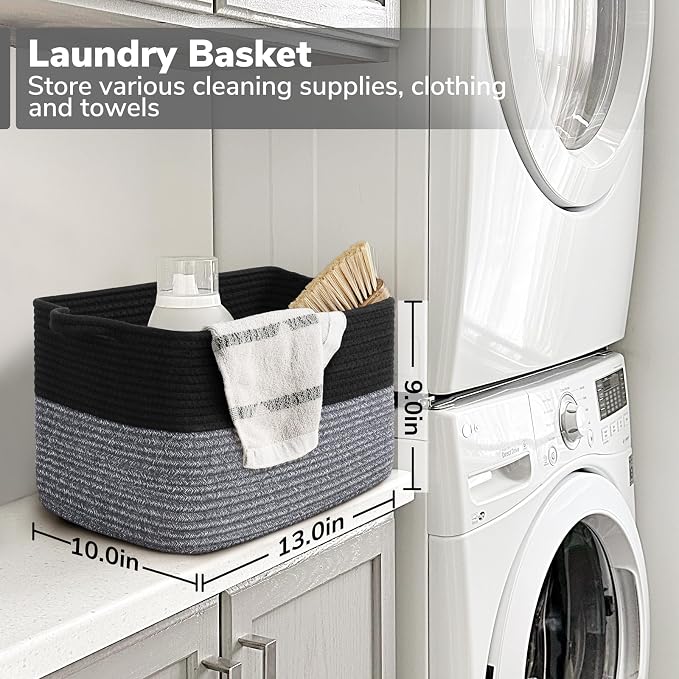 Goodpick Cotton Rope Basket with Handles, 13" x 10" x 9", Black & Gray | Decorative Storage Basket for Toys, Books & Daily Essentials Storage, Closet & Shelf Organization, Rectangle Design