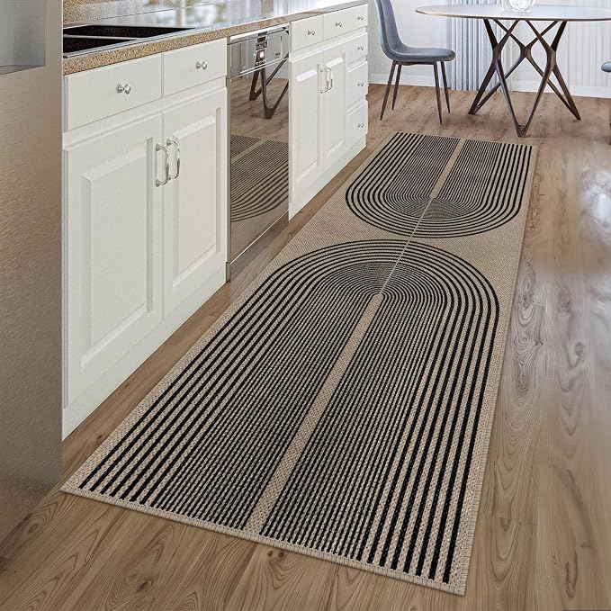 Rugalia Easy Jute Rainbow Outdoor Runner Rug, 2.6x8 Black Nature Washable Rugs Runner for Hallway Non-Slip Boho Farmhouse Kitchen Runner Rug, Modern Abstract Carpet for Porch Laundry Entryway