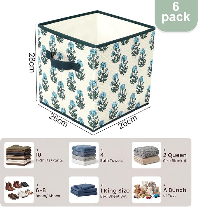 Bokon 6 Pcs 11 Inch Block Print Storage Bins Cube Cyan and White Storage Basket Rustic Floral Foldable Fabric Organizing Bins with Handles for Home Office Shelves Closets Clothes Toys Books