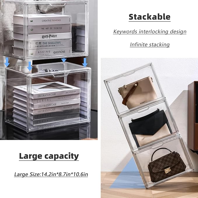 LXLXXL Clear Acrylic Display Case, Stackable Plastic Storage Bins, X-Large | Stackable Storage Bin with Magnetic Attraction Lid, XL Clear Acrylic Case, Showcase for Cosmetic, Large Figures Collectibles