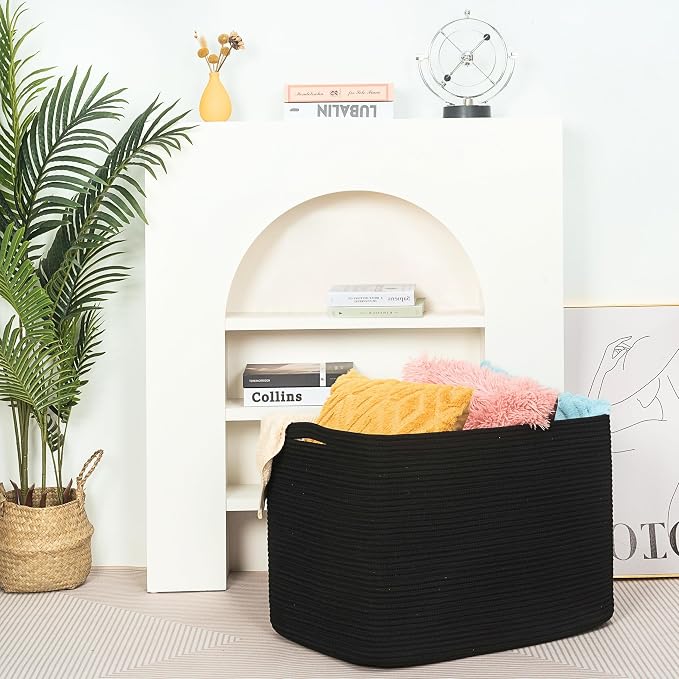 MINTWOOD Design 112L Extra Large Blanket Basket Holder Living Room, 25"x17"x16" Rectangle Rope Woven Storage Basket with Handles for Laundry, Pool Towels, Shoes, Dog Toy Organizer Bin Box, Black