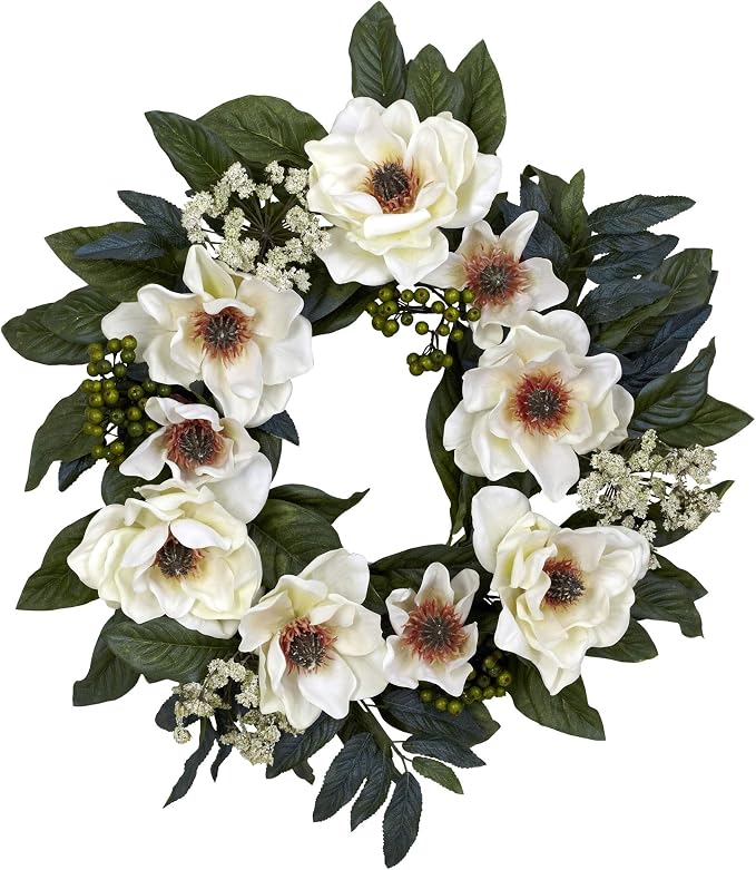 Nearly Natural 4793 22in. Magnolia Wreath,White | Billowy White Blooms with Berries and Buds, Premium Quality Craftsmanship, Perfect for Wall Accent and Door Styling