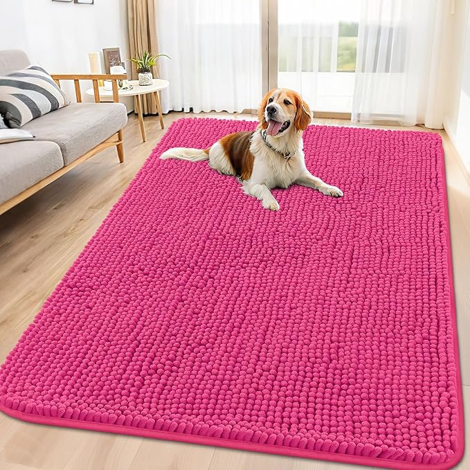 Smiry Dog Door Mat for Muddy Paws 70x32, Absorbent Dirt Trapper, Non-Slip Washable Chenille Entryway Rug for Inside Floor, Hot Pink, Classic Solid