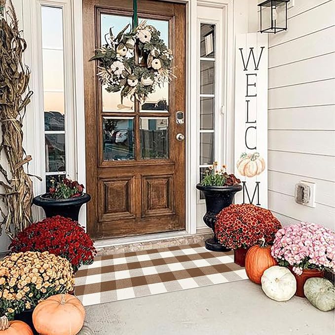 Buffalo Plaid Outdoor Rugs, 2'x4'3'' Brown and White Checkered Indoor/Outdoor Area Rug, Layering Rug for Hello/Welcome Door Mat, Washable Cotton Woven Farmhouse Mat for Fall Front Porch Décor