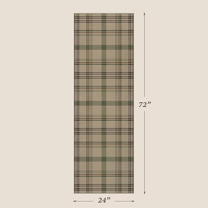 JTJ Plaid Easy Jute 2x6 Runner Rug, Washable Outdoor Runner Rug for Kitchen, Entryway and Front Door, Indoor Outdoor Farmhouse Non Slip Hallway Rug, Green
