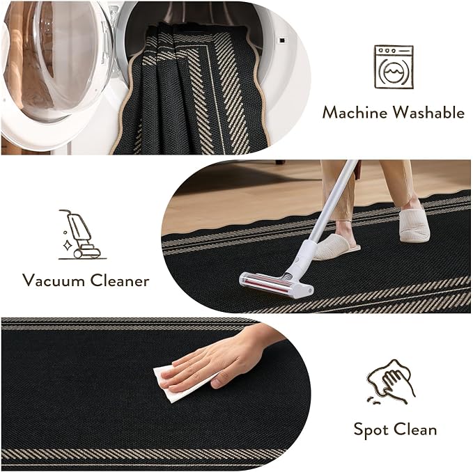 LIVEBOX Scalloped Washable 3x5 Outdoor Rug, Black Easy Jute Rug for Entryway Kitchen, Indoor Non Slip Patio Rugs Farmhouse Neutral Carpet for Bedroom Living Room Backyard Front Door Mat Porch Decor