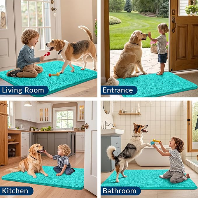Smiry Dog Door Mat for Muddy Paws 70x32, Absorbent Dirt Trapper, Non-Slip Washable Chenille Entryway Rug for Inside Floor, Teal, Classic Solid