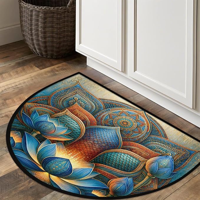 Lotu Half Round Door Mat Semi Circle Rug Half Moon Doormat | Soft Washable Mandala Vintage Welcome Entrance Mat for Outdoor Indoor Floor Bedroom Bathroom Home Kitchen Festival Decor