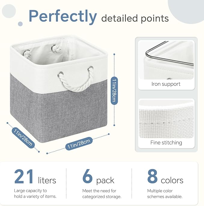 FinishingBo 11 inch Cube Storage Bin with Handles 6 Pack | Foldable Basket, Fabric Storage Bins, Closet Storage, Home Organizer (White/Grey)