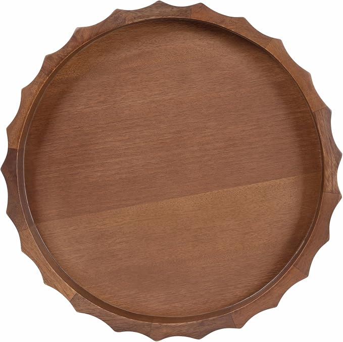 Kate and Laurel Lissi Decorative Round Tray with Wavy Design; 15 Inch Diameter; Walnut Brown; Mid-Century Modern Scalloped Circle Serving Tray for Coffee Table; Ottoman; or Entryway Decor