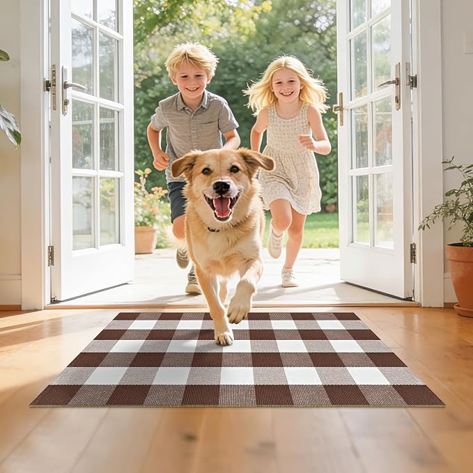 Buffalo Plaid Rug 2.3x3.6 Brown and White Checkered Rug Grid Indoor Outdoor Doormat Porch Layering Carpet Cotton Woven Washable Area Mat for Patio Entryway Farmhouse Decor